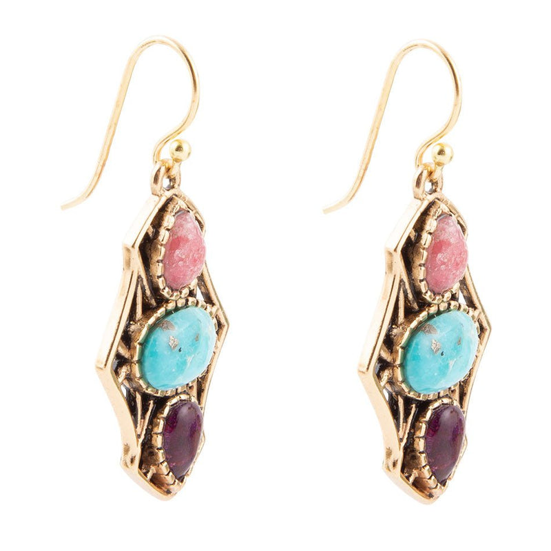 Colorful Turquoise and Rhodonite Triple Dot Golden Drop Earrings - Barse Jewelry