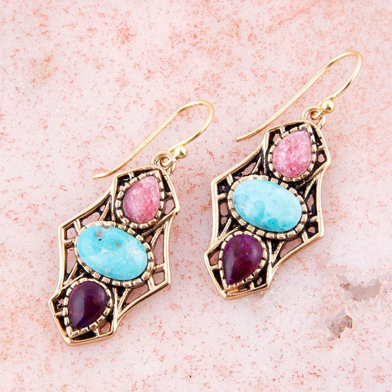 Colorful Turquoise and Rhodonite Triple Dot Golden Drop Earrings - Barse Jewelry