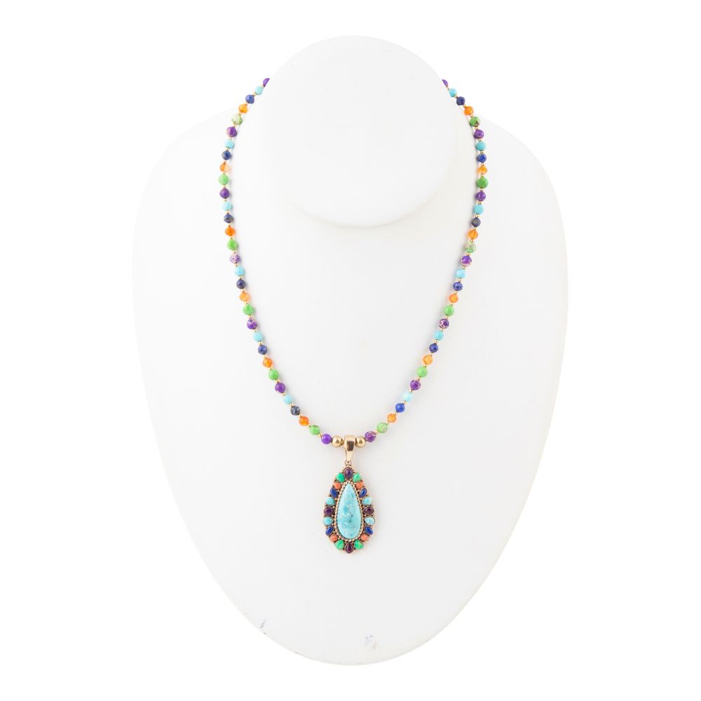 Concho Colorful Blue Turquoise Golden Pendant Necklace - Barse Jewelry