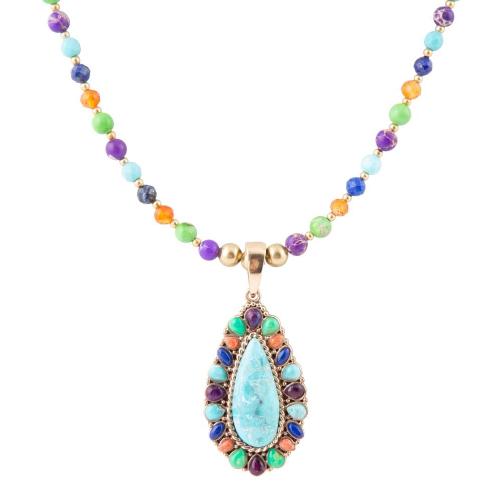 Concho Colorful Blue Turquoise Golden Pendant Necklace - Barse Jewelry