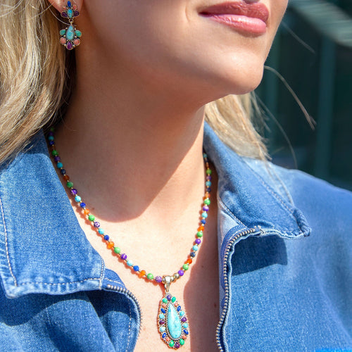 Concho Colorful Blue Turquoise Golden Pendant Necklace - Barse Jewelry