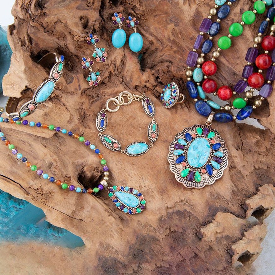 Concho Colorful Blue Turquoise Golden Pendant Necklace - Barse Jewelry