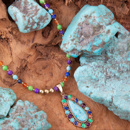 Concho Colorful Blue Turquoise Golden Pendant Necklace - Barse Jewelry