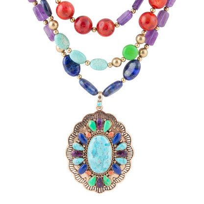 Concho Colorful Blue Turquoise Golden Statement Necklace - Barse Jewelry