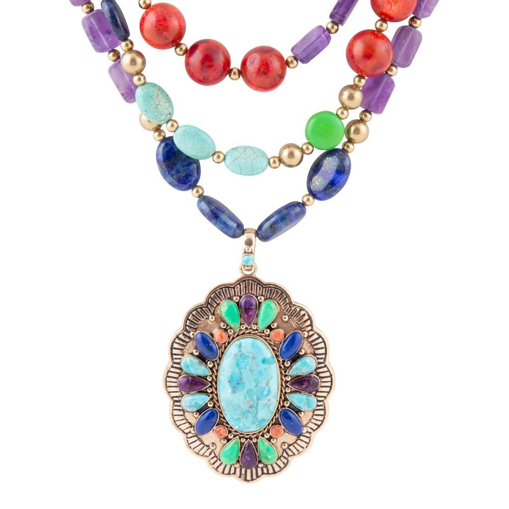 Concho Colorful Blue Turquoise Golden Statement Necklace - Barse Jewelry