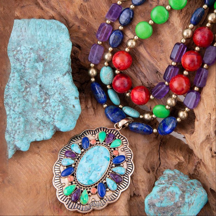Concho Colorful Blue Turquoise Golden Statement Necklace - Barse Jewelry