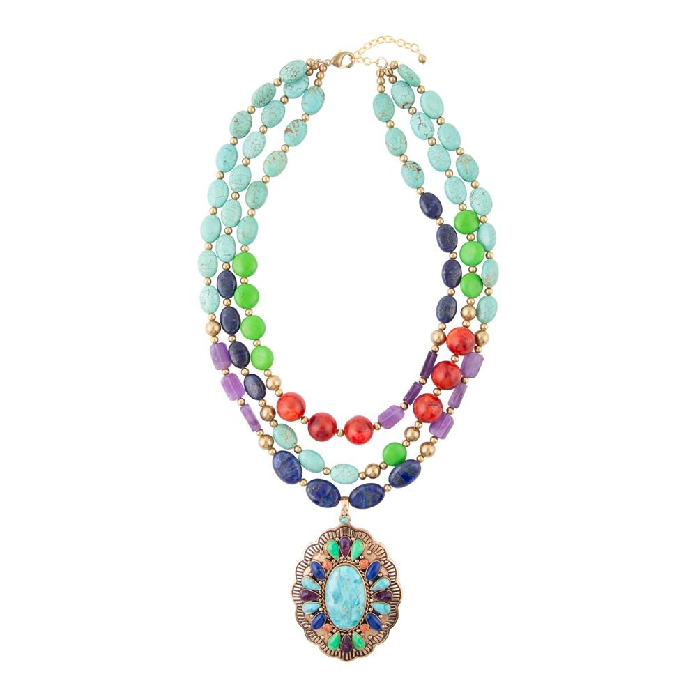Concho Colorful Blue Turquoise Golden Statement Necklace - Barse Jewelry