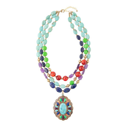 Concho Colorful Blue Turquoise Golden Statement Necklace - Barse Jewelry