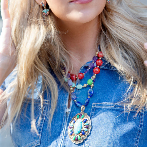 Concho Colorful Blue Turquoise Golden Statement Necklace - Barse Jewelry