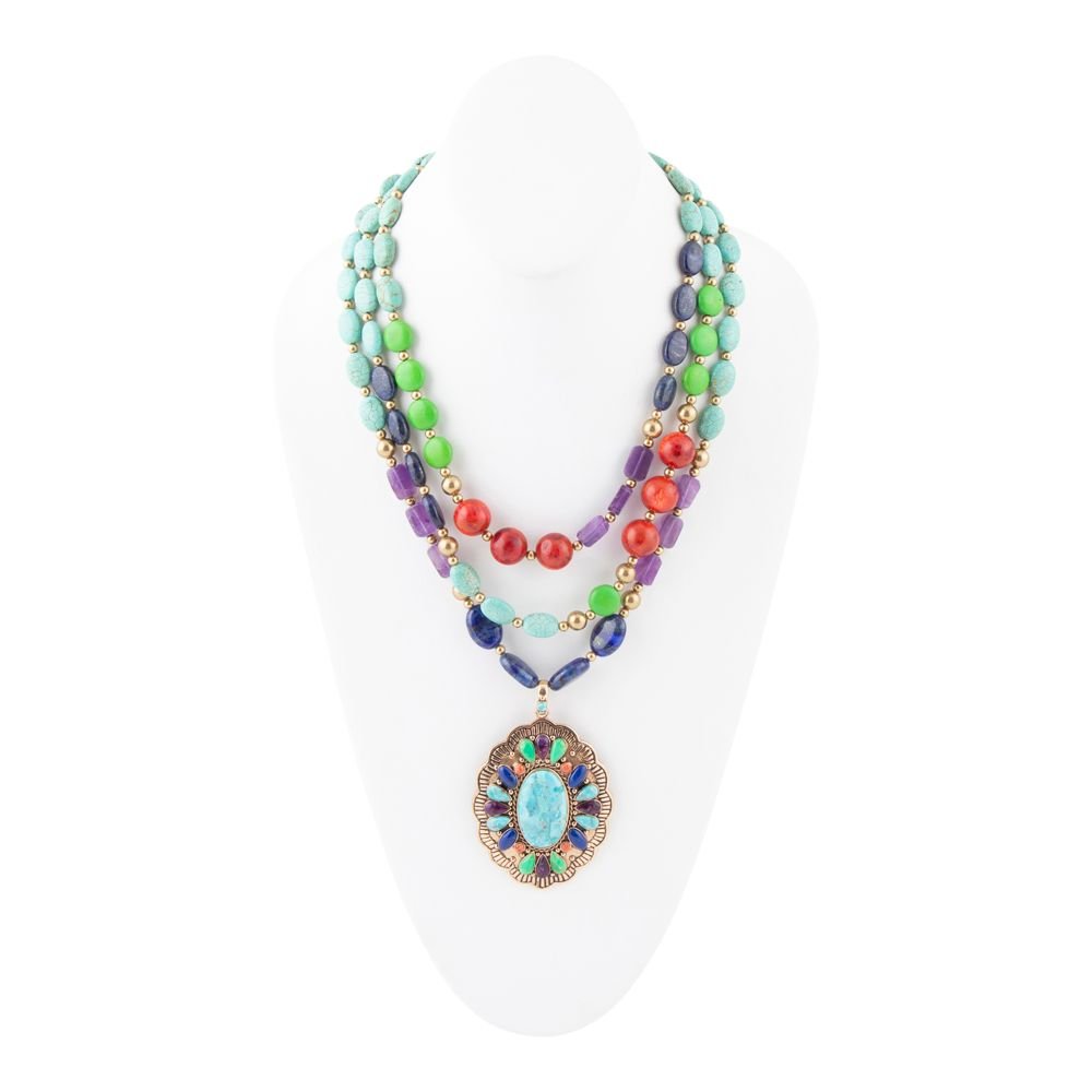 Concho Colorful Blue Turquoise Golden Statement Necklace - Barse Jewelry