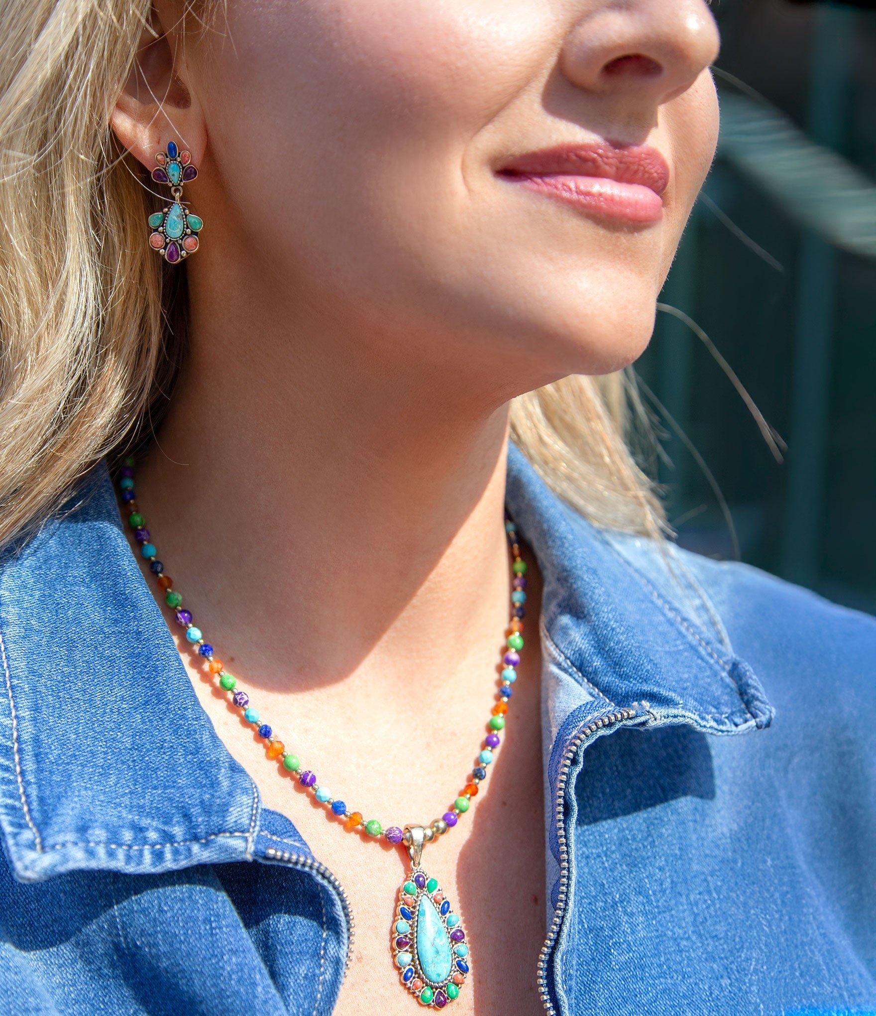 Concho Colorful Double Golden Drop Earrings - Barse Jewelry