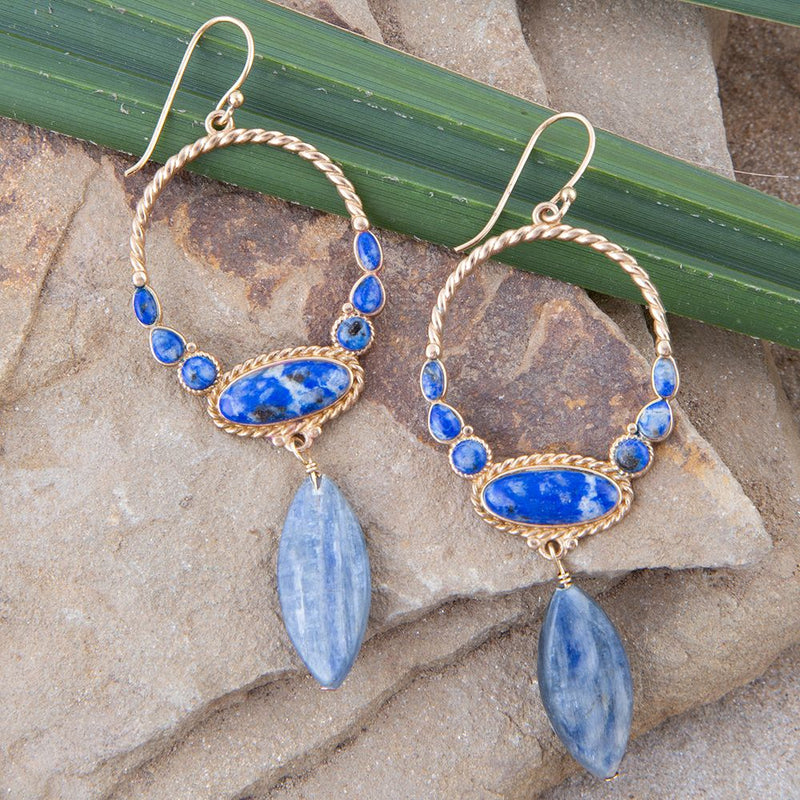 Concho Denim Blue Lapis and Kyanite Golden Drop Earrings - Barse Jewelry