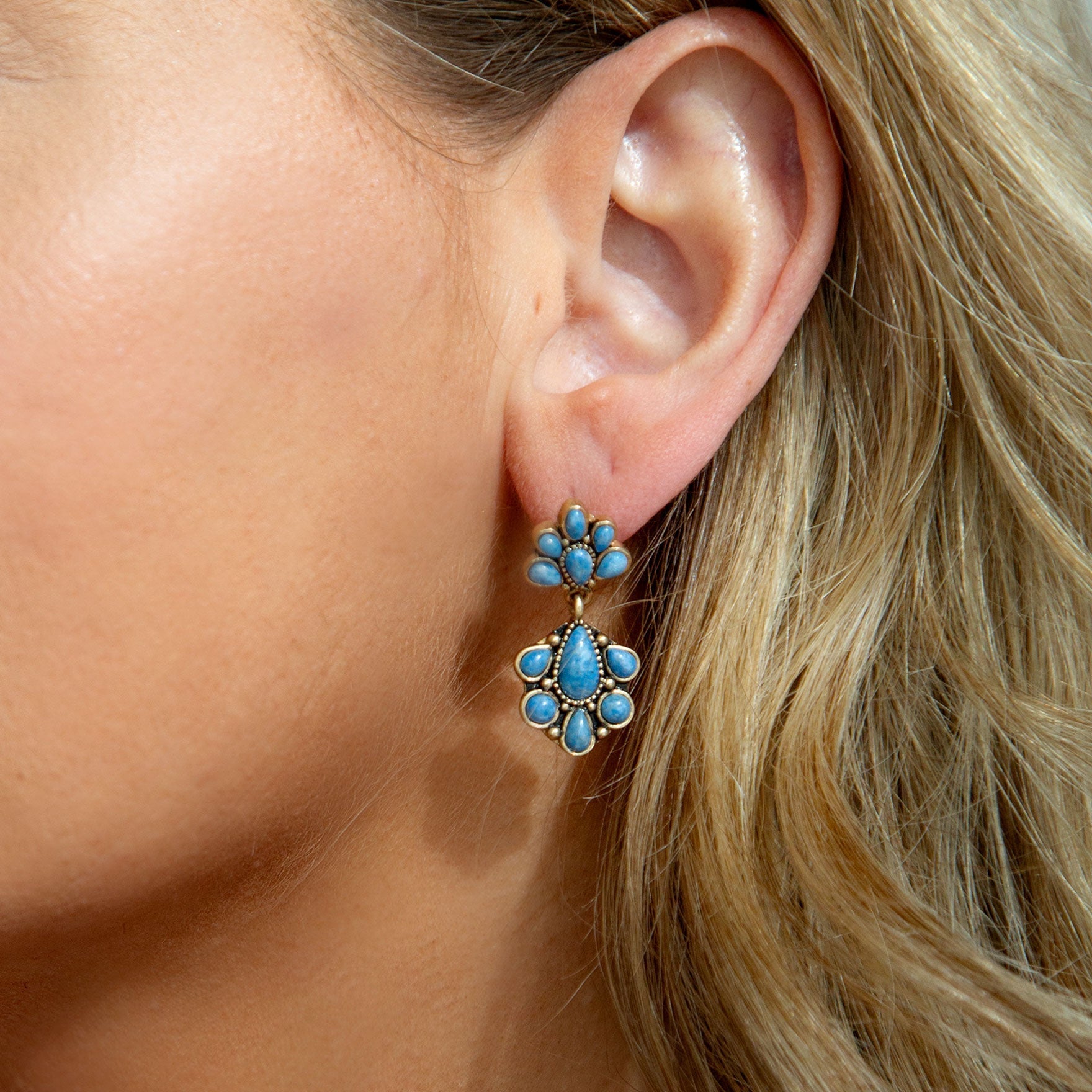 Concho Denim Blue Lapis Double Golden Drop Earrings - Barse Jewelry
