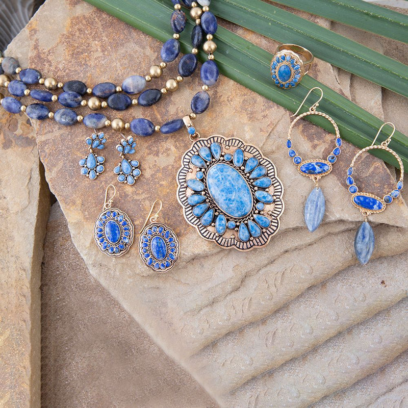 Concho Denim Blue Lapis Double Golden Drop Earrings - Barse Jewelry