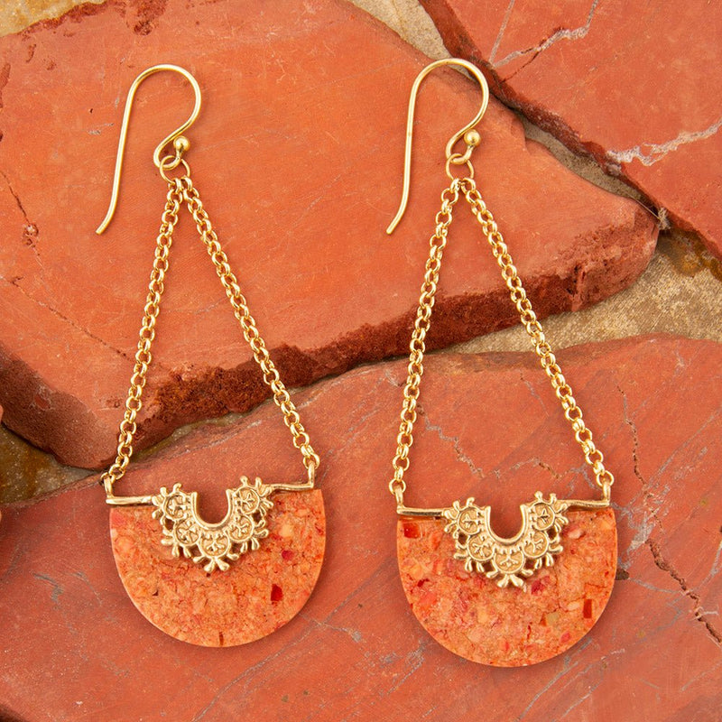 Crescent orange Coral Chandelier Golden Earrings - Barse Jewelry