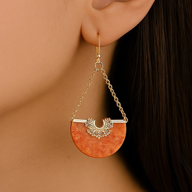 Crescent orange Coral Chandelier Golden Earrings - Barse Jewelry
