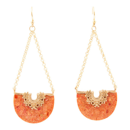 Crescent Orange Coral Chandelier Golden Earrings