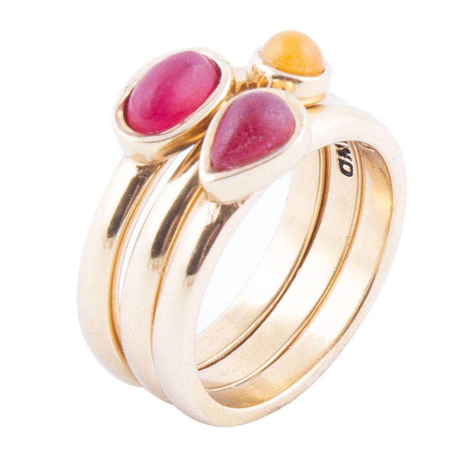 Dainty Stackable Red and Yellow Agate Golden Ring Set - Barse Jewelry