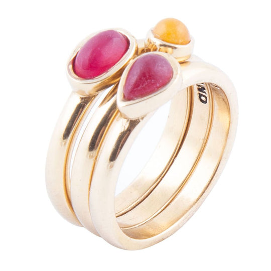 Dainty Stackable Red and Yellow Agate Golden Ring Set