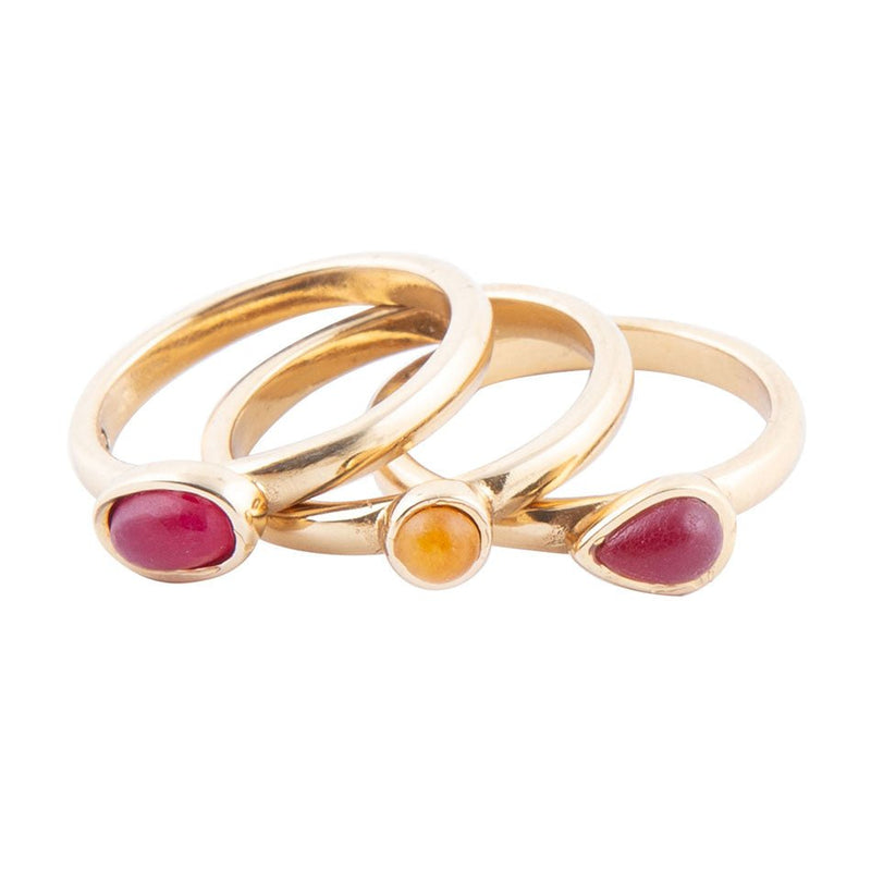 Dainty Stackable Red and Yellow Agate Golden Ring Set - Barse Jewelry