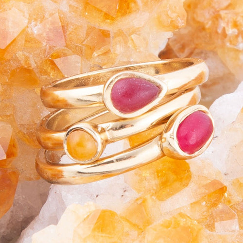 Dainty Stackable Red and Yellow Agate Golden Ring Set - Barse Jewelry