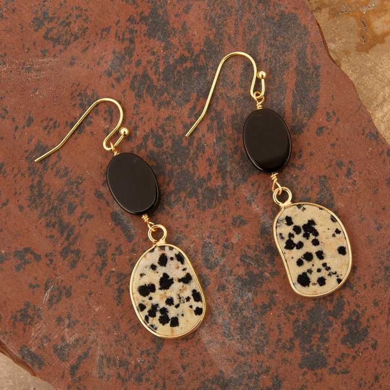 Dalmatian Jasper Black Onyx Golden Drop Earrings - Barse Jewelry