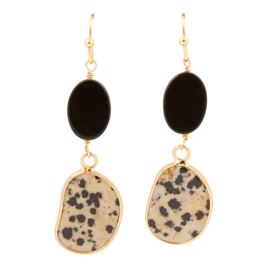 Dalmatian Jasper Black Onyx Golden Drop Earrings