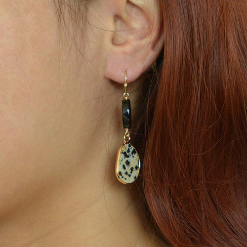 Dalmatian Jasper Black Onyx Golden Drop Earrings - Barse Jewelry