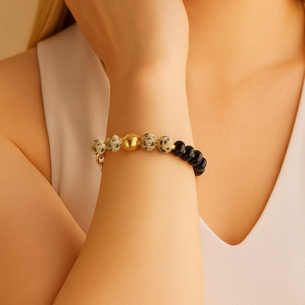 Dalmatian Jasper Black Onyx Golden Link Bracelet - Barse Jewelry