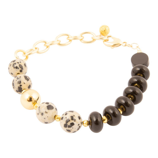 Dalmatian Jasper Black Onyx Golden Link Bracelet