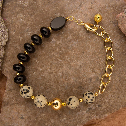 Dalmatian Jasper Black Onyx Golden Link Bracelet - Barse Jewelry