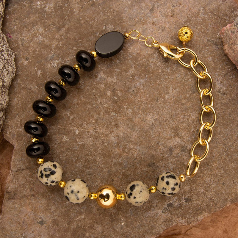 Dalmatian Jasper Black Onyx Golden Link Bracelet - Barse Jewelry