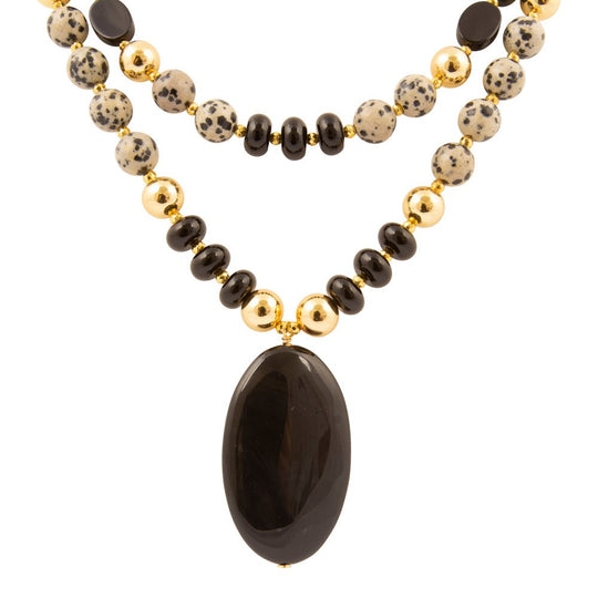 Dalmatian Jasper Black Onyx Golden Pendant Necklace