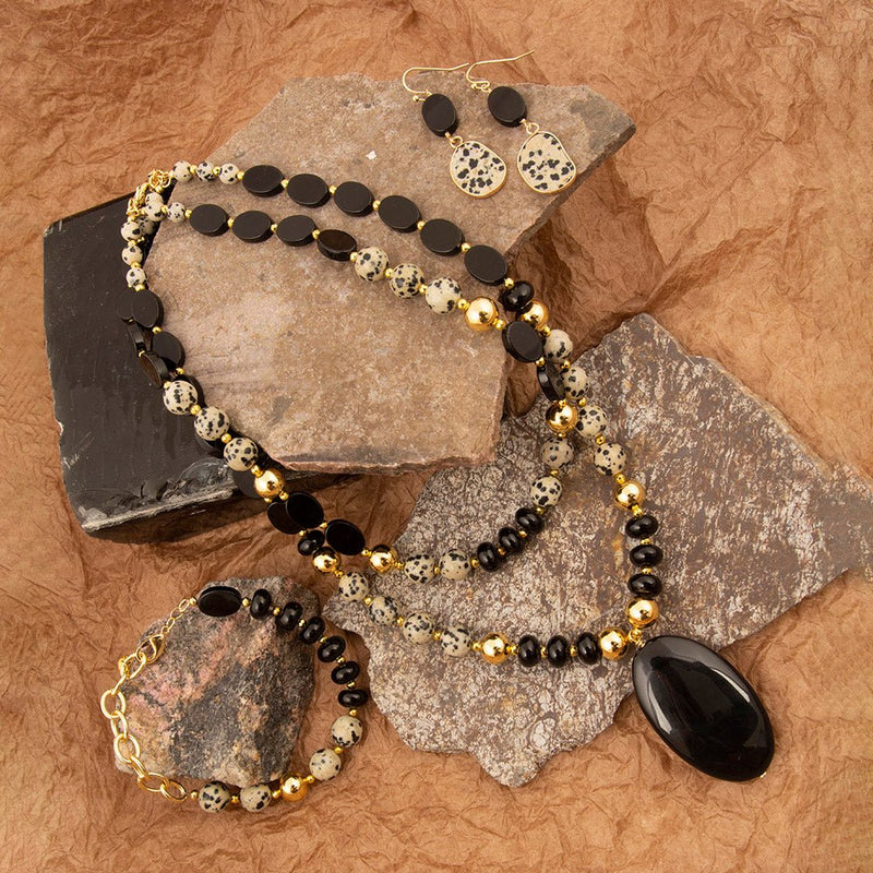 Dalmatian Jasper Black Onyx Golden Pendant Necklace - Barse Jewelry