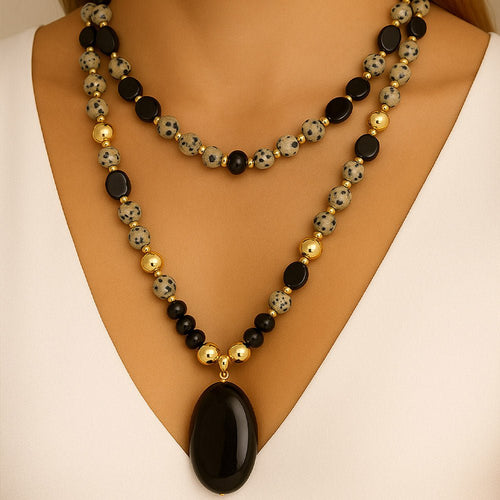 Dalmatian Jasper Black Onyx Golden Pendant Necklace - Barse Jewelry