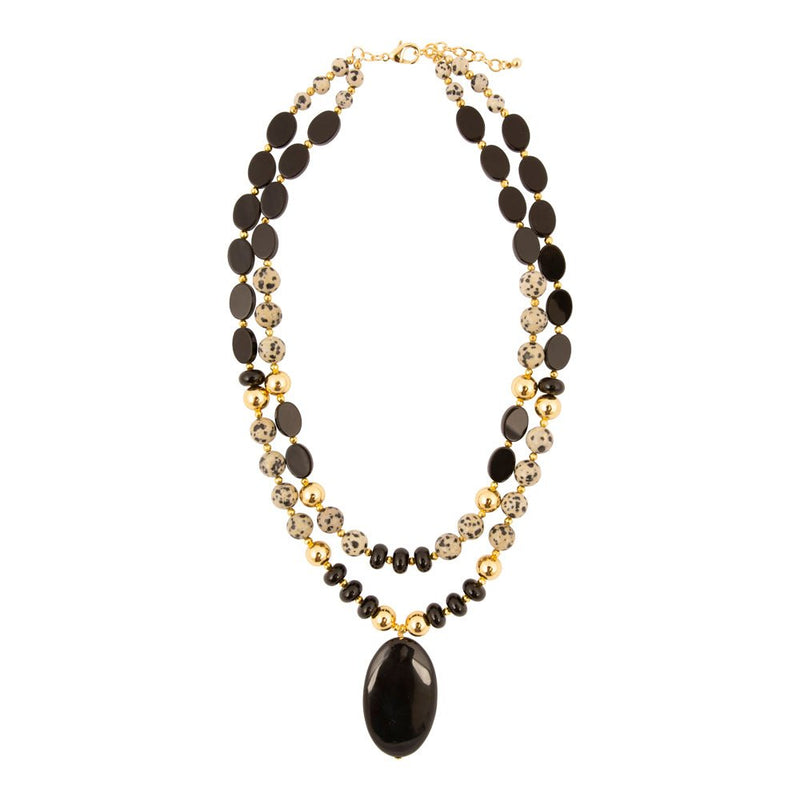 Dalmatian Jasper Black Onyx Golden Pendant Necklace - Barse Jewelry