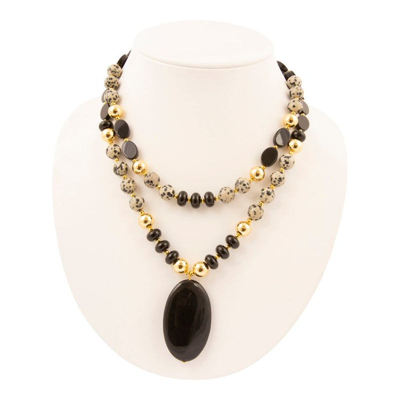 Dalmatian Jasper Black Onyx Golden Pendant Necklace - Barse Jewelry