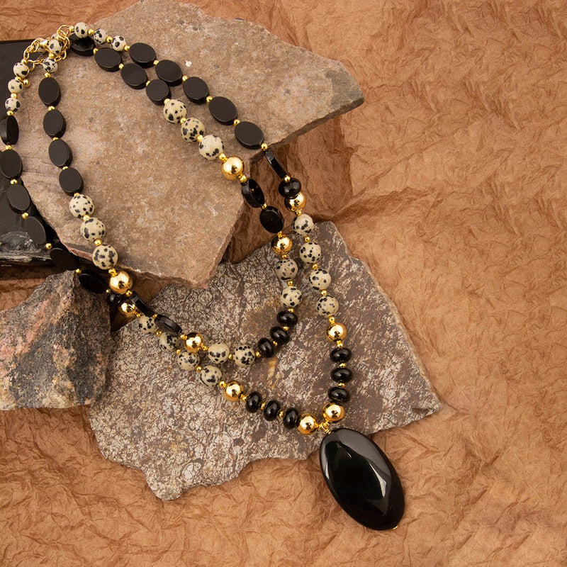 Dalmatian Jasper Black Onyx Golden Pendant Necklace - Barse Jewelry