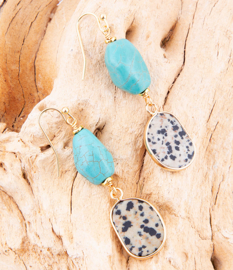 Dalmatian Jasper Blue Magnesite Golden Drop Earrings - Barse Jewelry