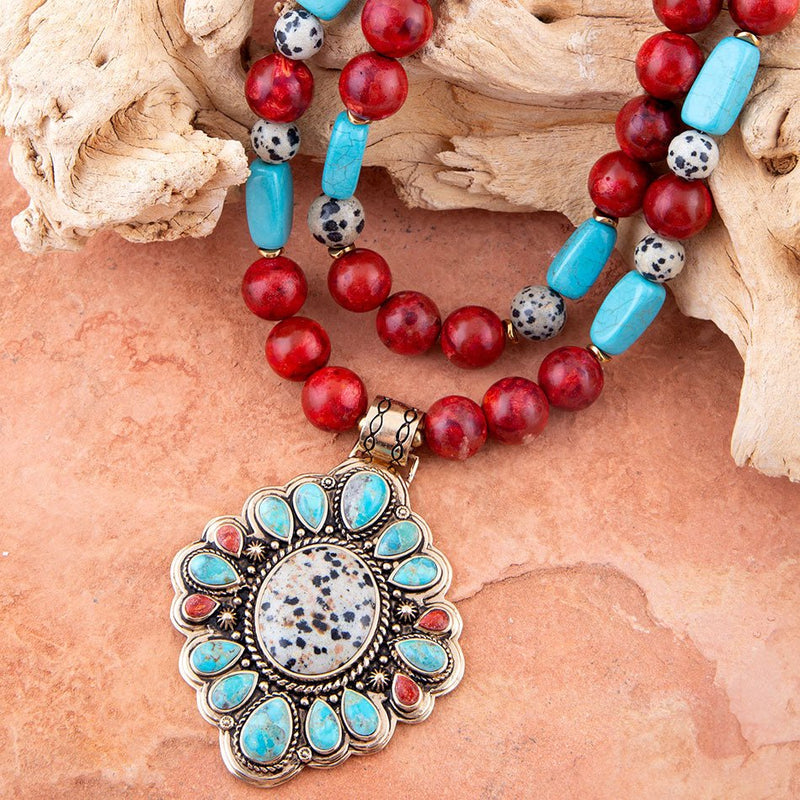 Dalmatian Jasper Pendant Colorful Golden Necklace - Barse Jewelry