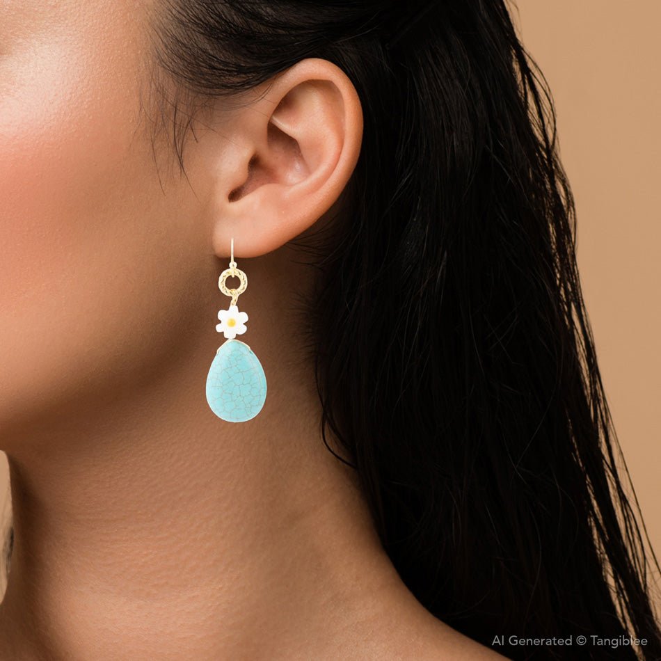 Dani Blue Turquoise Magnesite Flower Golden Drop Earrings - Barse Jewelry