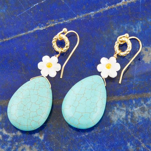 Dani Blue Turquoise Magnesite Flower Golden Drop Earrings - Barse Jewelry