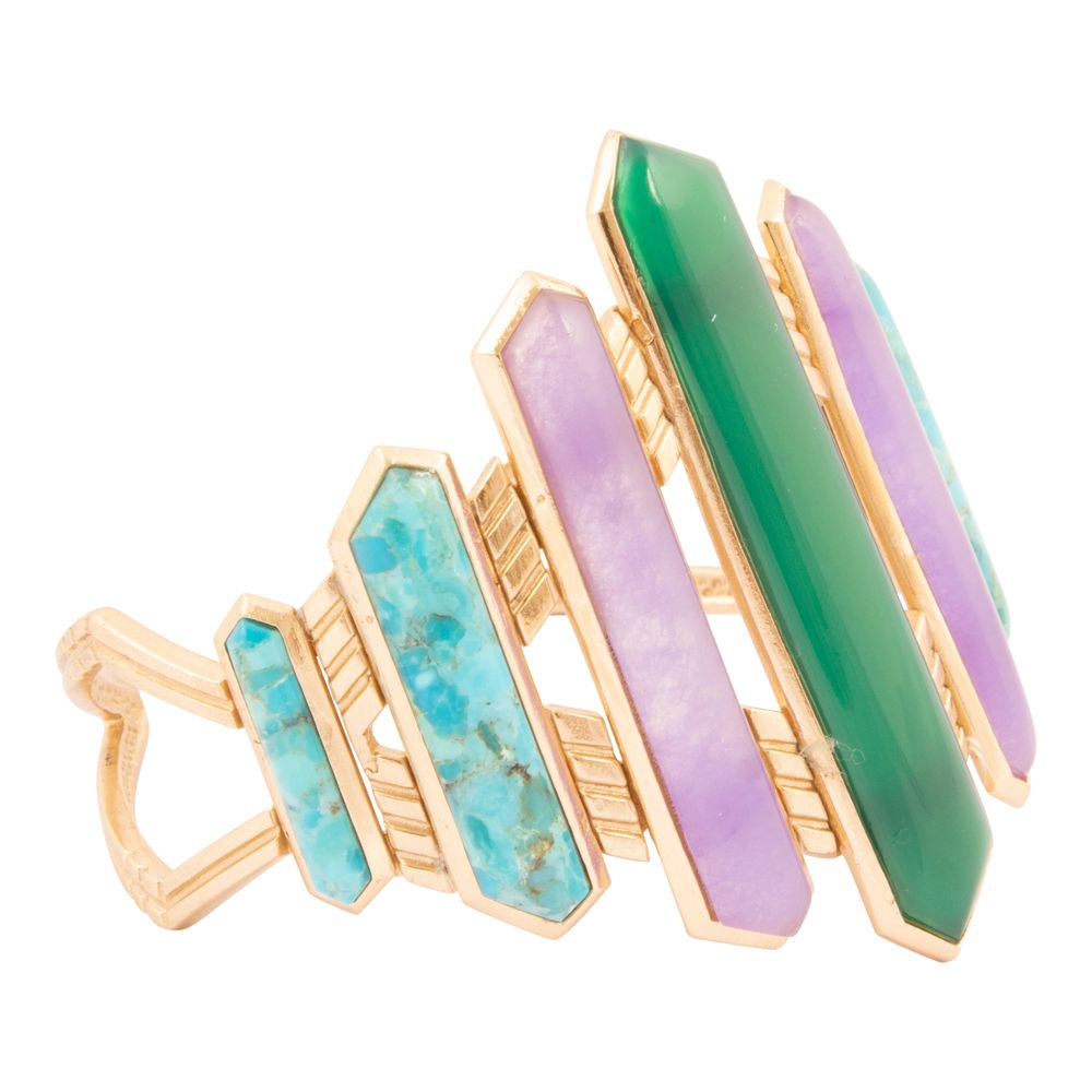 Deco Green and Purple Agate Golden Cuff Bracelet - Barse Jewelry