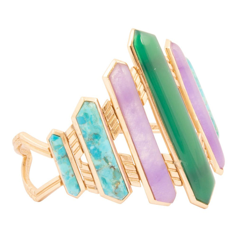 Deco Green and Purple Agate Golden Cuff Bracelet - Barse Jewelry