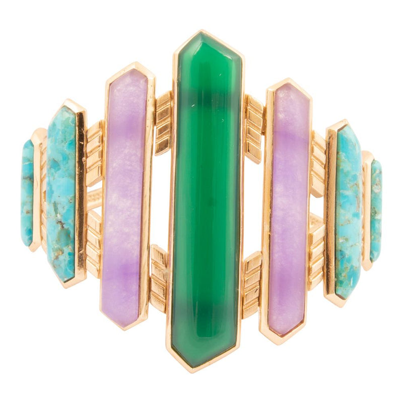 Deco Green and Purple Agate Golden Cuff Bracelet - Barse Jewelry