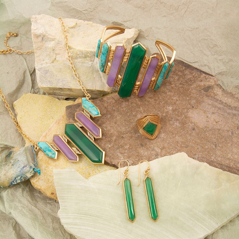 Deco Green and Purple Agate Golden Cuff Bracelet - Barse Jewelry