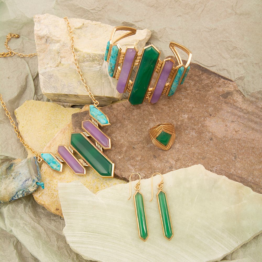 Deco Green and Purple Agate Golden Statement Necklace - Barse Jewelry