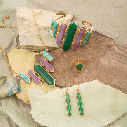 Deco Green and Purple Agate Golden Statement Necklace - Barse Jewelry