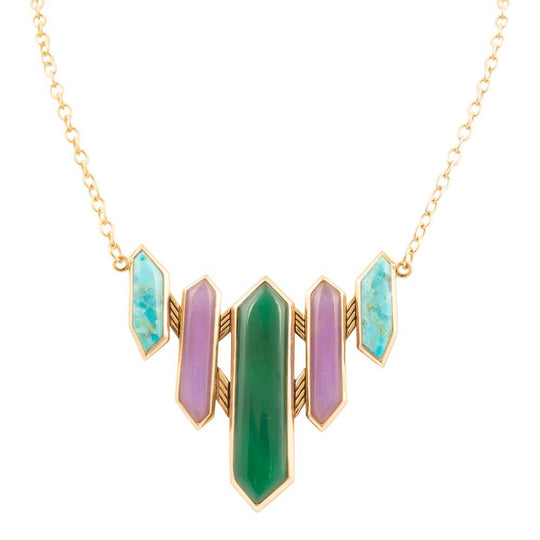 Deco Green and Purple Agate Golden Statement Necklace
