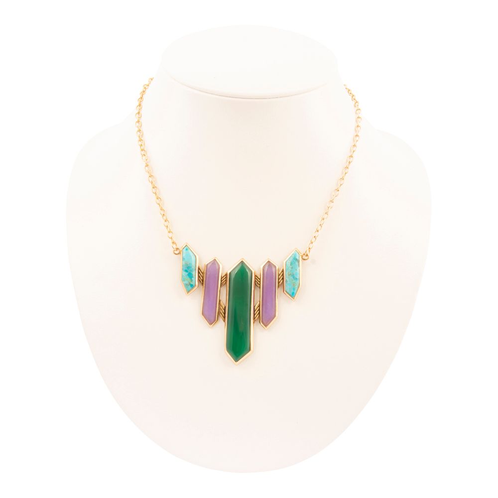 Deco Green and Purple Agate Golden Statement Necklace - Barse Jewelry
